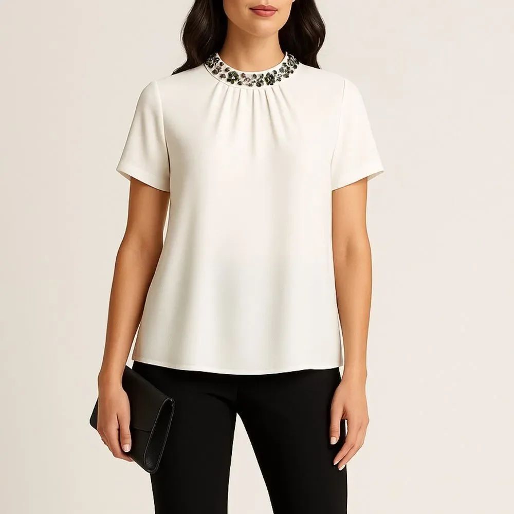 Vince Camuto White Blouse w/ Jeweled Embellished Collar Women’s Size M EUC - Picture 12 of 12